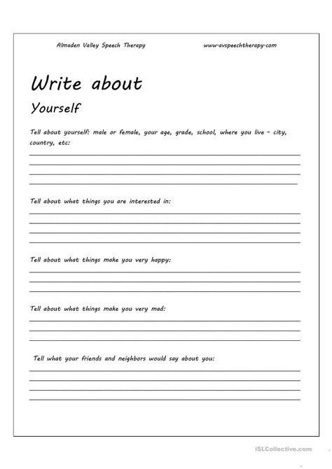 Write About Yourself - English ESL Worksheets for distance learning and physical classrooms About Yourself Worksheet, English Writing Skills Worksheets, About Yourself Template, Writing Worksheets For Adults, Writing Exercises For Kids, Writing Skills Worksheets, Esl Writing Activities, Micro Teaching, Write About Yourself