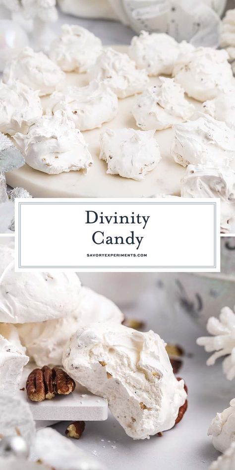 This Old Fashioned Divinity Candy recipe adds in some vanilla and nuts (if you want!) for a snack that’s bound to knock your socks off! Recipe For Divinity Candy, Microwave Divinity Candy Recipe, Old Fashioned Treats, Best Divinity Recipe, How To Make Divinity Candy, Homemade Divinity Candy, Christmas Candy Old Fashioned, Cream Cheese Candy Recipes, White Dirt Recipe