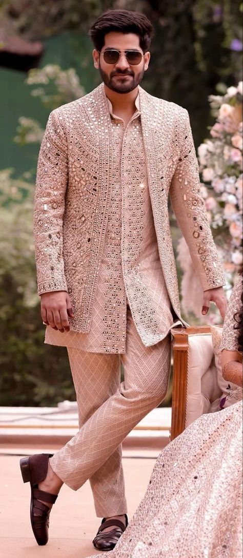 Engagement Look Men Indian, Reception Wear Men, Sherwani Styles For Men, Sangeet Sherwani For Groom, Haldi Men Outfit Groom, Tuxedo For Sangeet, Shimmer Kurta For Men, Sagai Outfit For Men, Sherwani For Men Wedding New