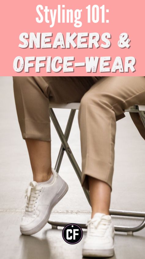 How To Style Sneakers Women Work, Sneaker For Work Outfit, How To Dress Up Tennis Shoes For Work, Spring Work Outfits With Sneakers, White Sneakers Work Outfit Women, Casual Business With Sneakers, Business Casual Women Tennis Shoes, Office Tennis Shoes Outfits, Sneakers Outfit Work Summer