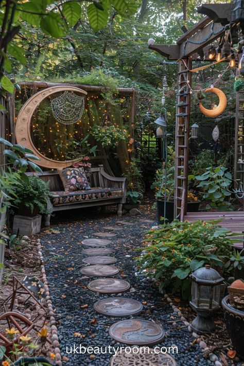 25 Enchanting Ideas for Creating a Witchy Backyard Outdoor Backyard Landscaping Ideas, Outdoor Vibes Aesthetic, Nature Backyard Ideas, Circular Garden Ideas, Plants House Aesthetic, Outdoor Sacred Space Ideas, Magical Outdoor Spaces, Garden Arbors Ideas Backyards, Whimsical Yard Ideas