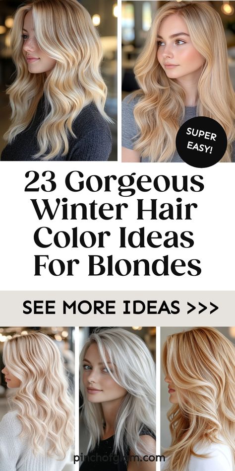 Discover the best winter hair color trends for blondes to rock this season! From icy platinum to warm honey tones, we've got your blonde locks covered. Explore fall and winter hair color ideas for long blonde tresses that will keep you stylish all season long. Whether you're looking for chic winter hair styles or simply want to spice up your look with a fresh hue, these winter hair color ideas are sure to inspire your next salon visit! Hairstyles Color Blonde, Natural Blonde Pale Skin, Blonde Color Hair Ideas, Toner For Blonde Hair Shades, Full Color Hair Ideas Blonde, Holiday Blonde Hair, Fall And Winter Blonde Hair, Natural Blondes With Highlights, Fall Light Blonde Hair