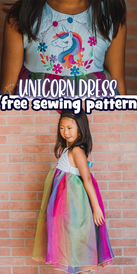 Create fun playwear costumes for Halloween. These everyday fairy tale costumes can also double as pajamas or playwear for your kids. Free sewing patterns and tutorials to create these looks. via @lifesewsavory Simple Fairy Dress, Unicorn Dress Girls, Fairy Tale Costumes, Costumes For Halloween, Free Sewing Patterns, Unicorn Dress, Organza Fabric, Flowing Skirt, Tank Girl