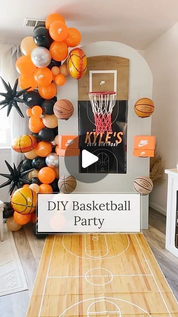 Trish 💕 Beautiful Lifestyle Blogger on Instagram: "DIY Basketball 🏀 Party 🎉 Comment “basketball party” for the links! We celebrated my son in law’s birthday and of course I had to go all out! He loves basketball so we threw him a basketball party! We got the hoop, the score board, the snack bar, the Nike boxes and of course Gatorade! I love how it turned out! This was a fun one to decorate! I had the banners printed at @walgreens and found the template on @etsy 🏀 I’ll link it all for you! Do you love it??? . . #basketball #birthday #birthdayparty #birthdaydecor #birthdaydecoration #birthdaydecorations #partytime #partydecorations #partydecor #partytheme #birthdaytheme #basketballparty #partyplanner #partyplanning #partyideas #partystylist #partyballoons #balloons #partyinspiration #par Basketball Birthday Activities, Basketball Birthday Party Ideas Diy, Basketball Theme Party Ideas, Basketball Birthday Theme Ideas, 3 Pointer Basketball Birthday, Lebron James Birthday Party Ideas, Basketball 3rd Birthday Party, Basketball Trunk Or Treat, Basketball Balloon Garland