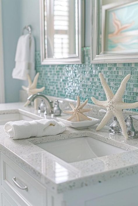 Starfish Bathroom Decor, Seashell Themed Bathroom, Beach Spa Bathroom, Apartment Cottagecore, Aquatic Bathroom, Sea Theme Bathroom, Island Bungalow, Under The Sea Bathroom, Florida Bathroom