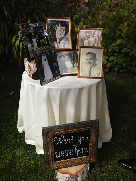 A simple and sweet DIY way to remember deceased loved ones. #wedding #weddingceremony #memorial Romantic Backyard, Wedding Photo Display, Rustic Wedding Decorations, Backyard Weddings, Boda Diy, Boda Mexicana, Peacock Wedding, Future Wedding Plans, Cute Wedding Ideas