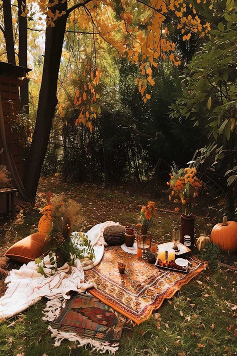 Enchanting outdoor picnic setup with fall-themed decor in a garden. Garden Picnic Aesthetic, Fall Picnic Food, Activity Aesthetic, Autumn Activity, Garden Aesthetics, Thankful Tree, Aesthetic Picnic, Halloween Crafting, Fall Picnic