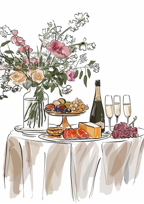 Hand-drawn Clipart: Food Buffet Table Set for Brunch with Champagne Dinner Table Watercolor, Hand Drawn Table Setting, Breakfast Table Illustration, Table Setting Illustration, Brunch Artwork, Buffet Illustration, Tablescape Illustration, Dinner Table Drawing, Brunch Clipart