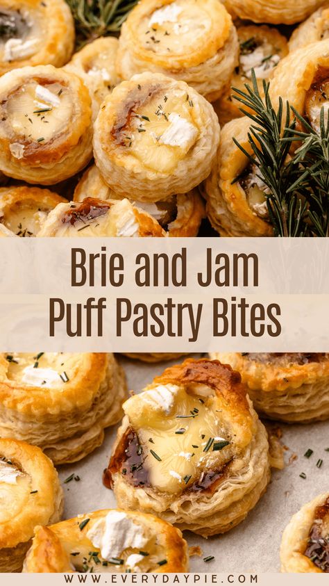 Flaky, creamy, and sweet, these Brie and Jam Puff Pastry Bites are the perfect holiday or party appetizer! Baked Brie Puff Pastry Recipes, Puff Pastry Tarts With Brie & Prosciutto, Baked Brie Wrapped In Puff Pastry, Brie Onion Puff Pastry, Puff Pastry With Jam Recipe, Mini Brie Bites Recipes, Gouda Puff Pastry, Puff Pastry And Bree, Jam Pastry Puff