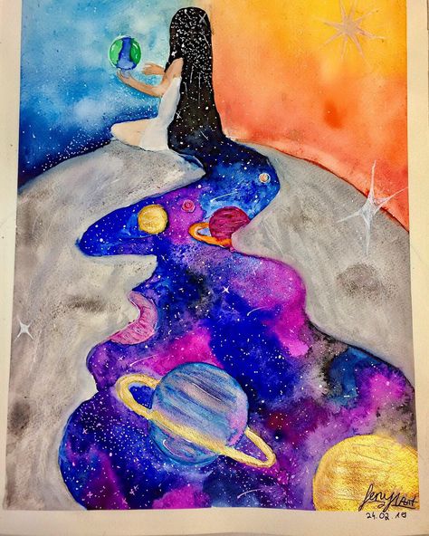 Colored Pencil Space Art, Watercolor Space Painting, Universe Drawing Galaxies, Universe Drawing Ideas, Galaxy Space Universe, Curiosity Art, Science Painting, Galaxy Drawing, 7 Elements Of Art