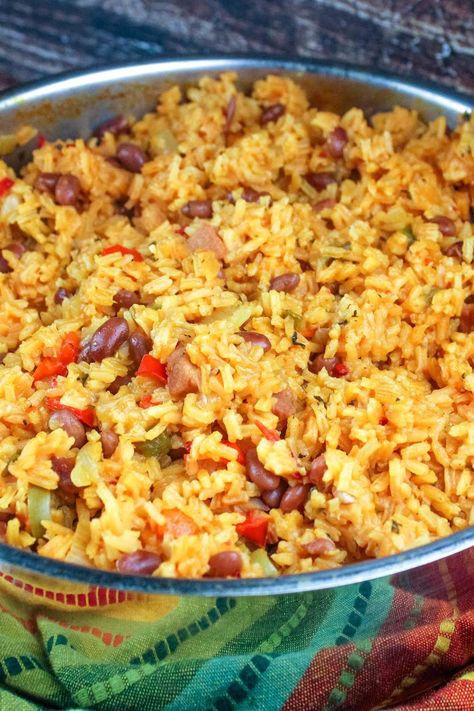 Puerto Rican Rice and Beans Puerto Rican Recipes Rice, Puerto Rican Rice And Beans, Puerto Rican Beans, Con Pollo Chicken, Puerto Rican Rice, Spanish Rice And Beans, Rice And Beans Recipe, Rice And Beans, Just A Pinch Recipes