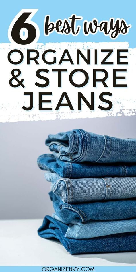 We love our jeans, but they can overtake our space! Learn the best ways to fold, hang and store your jeans in a dresser, closet or for travel & seasonal storage. Organize Jeans, How To Fold Jeans, Girls Closet Organization, Jean Organization, How To Fold Pants, Dresser Closet, Seasonal Storage, Pants Organization, Pant Storage