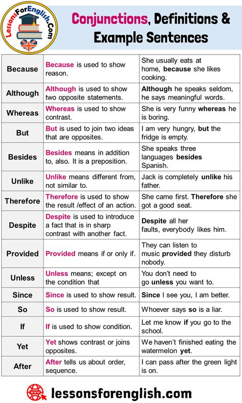 English Most Common Conjunctions, Definitions and Example Sentences Because Because is used to show reason. Although Although is used to show two opposite statements. Whereas Whereas is used to show contrast. But But is used to join two ideas that are opposites. Besides Besides means in addition to, also. It is a preposition. Unlike Unlike means different from, not similar to. Therefore Therefore is used to show the result /effect of an action. Despite Despite is used to introduce a fact that Joining Sentences Using And, Whereas Grammar, Conjunctions Meaning, Although Grammar, Introduce Yourself Ideas, Sentences In English, English Conversation Learning, Teaching English Grammar, English Language Learning Grammar