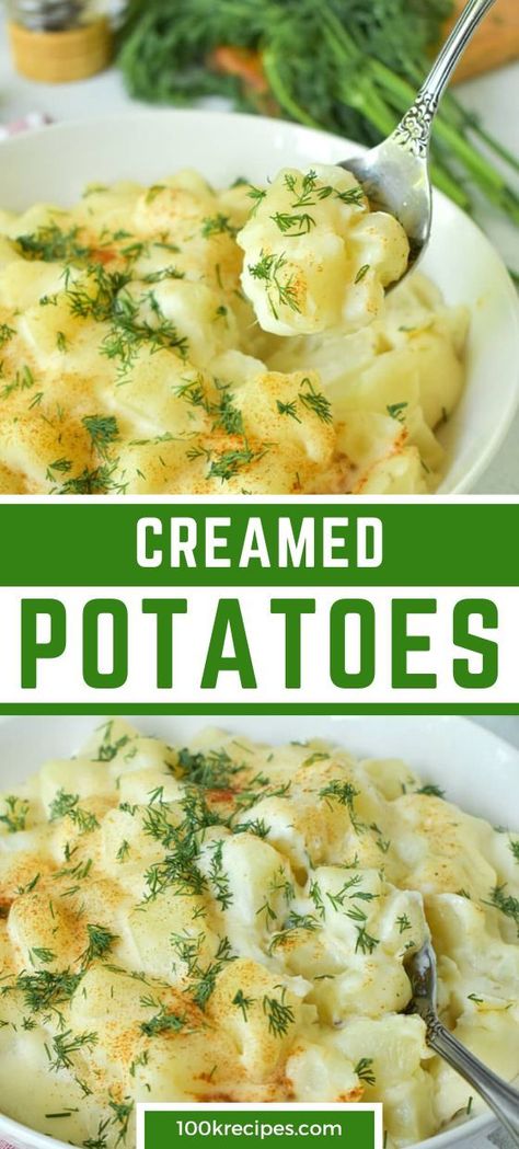 This is the best Creamed Potatoes recipe, and they are the perfect side dish. They are very creamy and tender. Paprika, freshly ground black pepper, and chopped dill make them very flavorful. Potatoes Romanoff are my second favorite potato side dish. Cream Potatoes Recipe, Potatoes Romanoff, Kids Dinners, Carrot Recipes Side Dishes, Potato Side Dishes Easy, Potatoe Recipes, Vegetable Side Dishes Healthy, Potato Side Dish, Frugal Cooking