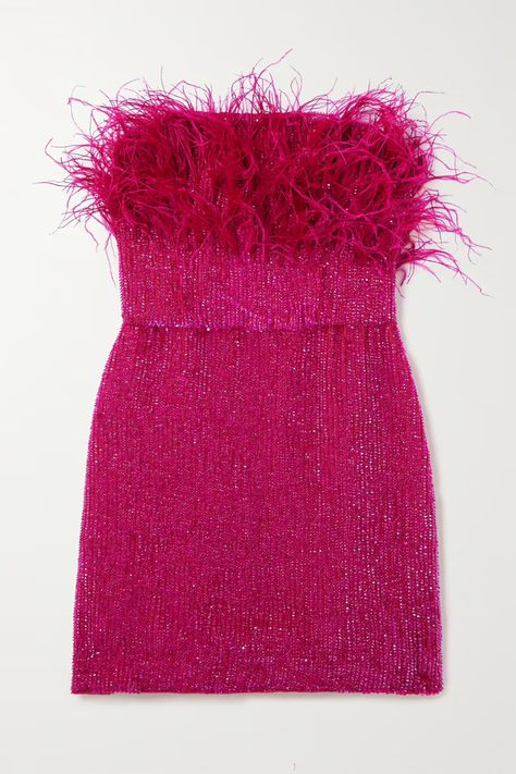 RETROFÊTE Torin strapless feather-trimmed sequined crepe mini dress Retrofete Pink Dress, Magenta Fashion, Png Outfits, Embellished Fabric, Performance Outfits, Sequin Embellishment, Dress Gallery, Sparkly Heels, Pink Sparkly