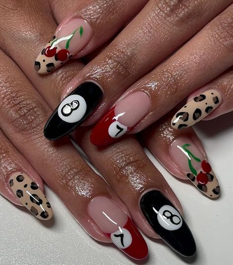 #nails #nailart #nailtech #leopardprint #nail2inspire #nailsart #8ball #naildesign #summernails Gel Extensions Nails, Korean Nails Jelly, Cute Nails Almond, Steelers Nails, Fall Nails Gel, Rockabilly Nails, Extensions Nails, Long Nails Acrylic, Nail Halloween