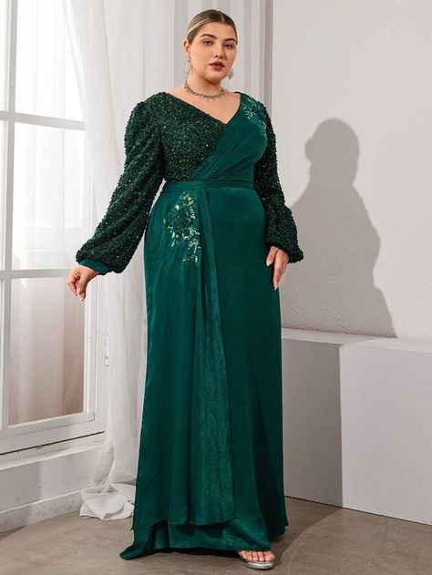 Plus Size Solid Color V-Neck Cross Wrap Sequined Elegant Long Sleeve Women's Party Dress (Heavy Style) Dark Green Party  Long Sleeve Knitted Fabric Colorblock,Plain,All Over Print A Line Non-Stretch  Weddings & Events, size features are:Bust: ,Length: ,Sleeve Length: Emerald Green Quinceanera Theme, Plus Prom Dresses, Dresses For Plus Size, Wrap Dress Bridesmaid, Summer Knit Tops, Satin Pj Set, Emerald Green Dresses, Green Dresses, Style Dark