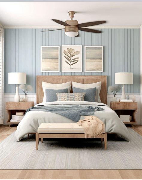 Design Interior Masterbedroom, Beach Condo Bedroom Ideas, Painted Shiplap Accent Wall Bedroom, Blue Colour Palette For Bedroom, Organic Coastal Bedroom, Beach Blue Bedroom, Coastal Beach House Interiors Bedroom, Light Blue Bedroom Walls Colour Schemes Color Combinations, Coastal Interior Design Bedroom