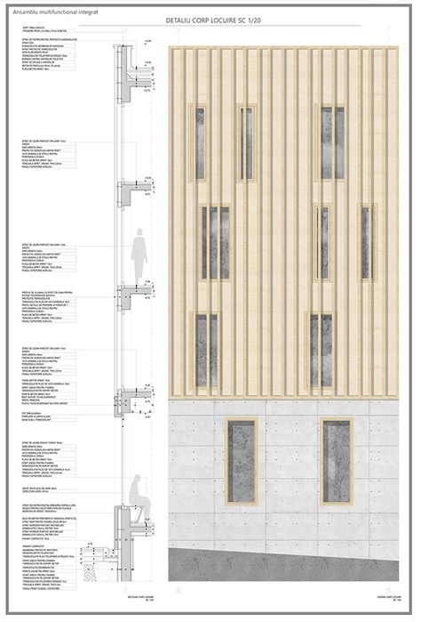 Wood and concrete facade detail Timber And Concrete Architecture, Concrete Wood Facade, Concrete Facade Detail, Facade Detail Architecture, Architectural Facade Drawing, Wood And Concrete Facade, Wood Concrete Architecture, Wood Facade Design, Wood Facade Detail