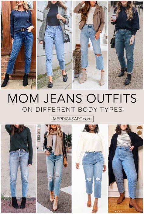 Mom Jeans Outfits: 4 Ways to Style Mom Jeans | Merrick's Art Fall Mom Jeans Outfit Casual, Mom Jeans Outfit Fall High Waist, What To Wear With Mom Jeans Summer, What To Wear With Mom Jeans Winter, High Waisted Jeans Outfit Spring, Weekend Jeans Outfit Casual, High Waist Mom Jeans Outfits, How To Wear Mom Jeans Outfits, Mom Jeans Office Outfit