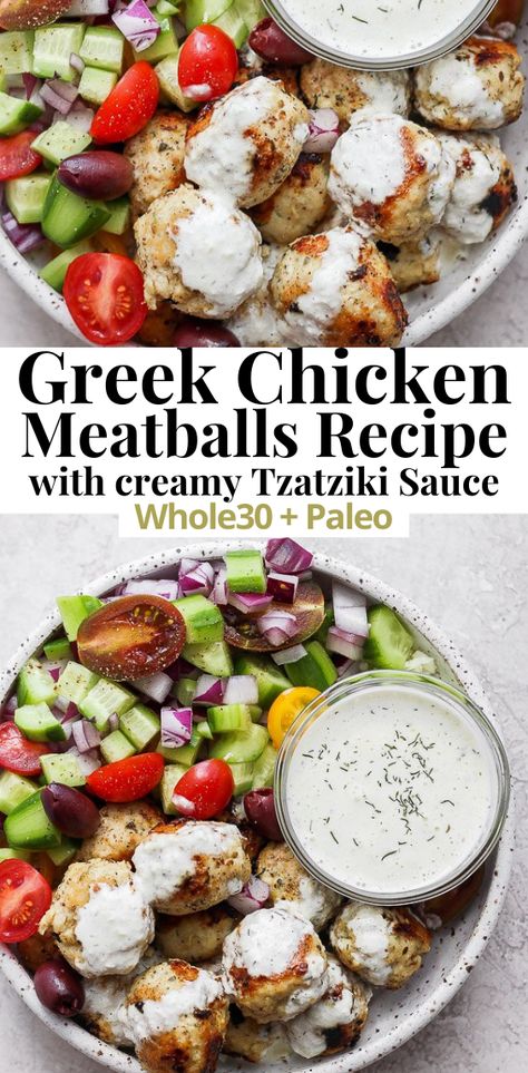 Healthy Ground Chicken, Greek Meatballs Recipe, Chicken Greek, Greek Meatballs, Easy Whole 30 Recipes, Whole30 Dinners, Whole 30 Diet, Dinner Recipes For Family, Recipes For Two