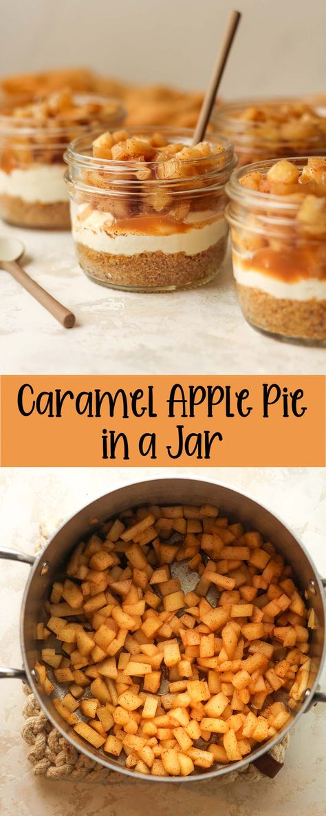 Caramel Apple Pie in a Jar offers a no-bake, easy-to-transport dessert that blends the cozy, spiced taste of caramel apple pie with the delightful appeal of a mason jar presentation. These individual portions provide a playful variation on a beloved classic! Mini Mason Jar Apple Pie, Mini Pies In Mason Jars, Mini Jar Apple Pies, Mason Jar Apple Crisp, Apple Pie Dessert Shooters, Lemon Pie In A Jar, Pies In Mason Jars, Fall Cookies In A Jar Recipe, Dessert In A Jar No Bake Easy Recipes