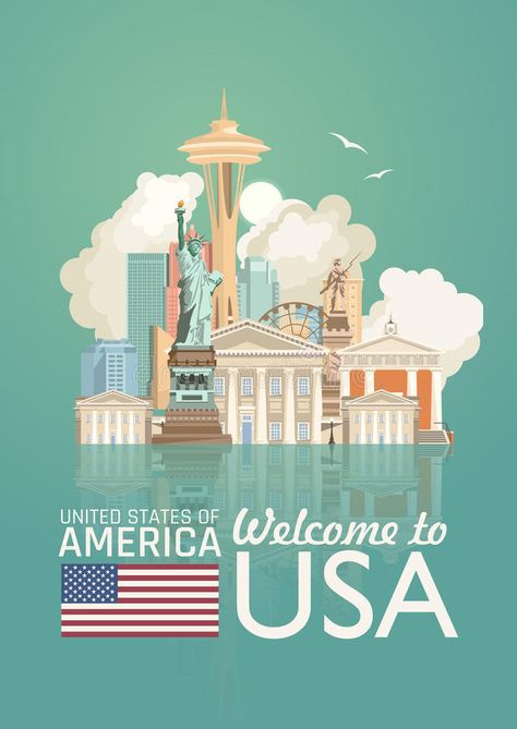 Welcome to USA. United States of America poster with american sightseeings with mirror effect. Vector illustration about travel. In colorful design. American stock illustration United States Illustration, America Wallpaper Usa, American Culture United States, United States Wallpaper, Usa Drawing, Usa Symbols, Welcome To Usa, America Illustration, Wallpaper Usa