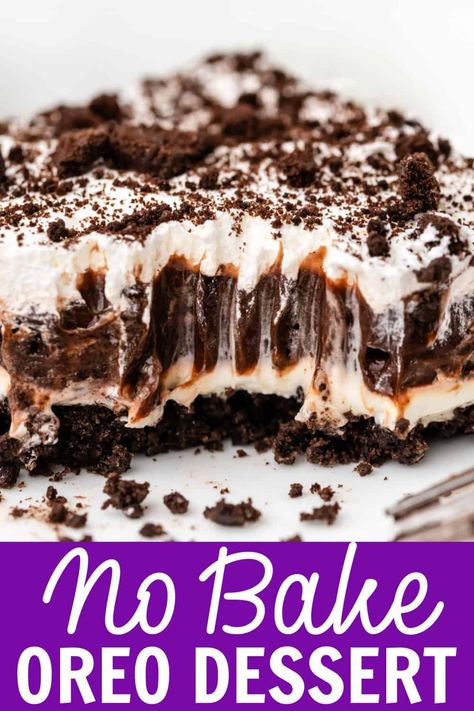 This easy No Bake Oreo Dessert is an irresistible mix of whipped cream, chocolate pudding, Oreo cookies, and a rich cream cheese filling all stacked on an Oreo crust. This is a total crowd pleaser and is one of my family's favorite desserts! Oreo Dessert Healthy, Oreo Dirt Dessert Recipe, Office Dessert Ideas, Oreo Fluff Dessert Cool Whip, Oreo Cookie Dessert Recipes, Easy Oreo Dirt Cake, Best Oreo Dessert, Easy Cheap Desserts, Oreo Layer Dessert