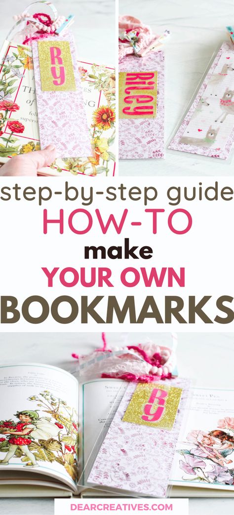 DIY Bookmarks - See how to make your own bookmarks. This DIY bookmark idea is easy to make and you can make personalized bookmarks. This is an easy way to make a bookmark them and keep your spot when reading. I think anyone who reads or is a book lover can enjoy making one. Make them for kids, teens, or adults. You can personalize these with names, pretty cardstock, pretty papers, ribbons, lace, and scrap materials... Make your own Bookmarks - Get guide and step-by-step DIY at DearCreatives.com Make Your Own Bookmarks, Diy Bookmark Ideas, Make A Bookmark, Diy Hand Soap, Homemade Bookmarks, Free Printable Bookmarks, Diy Bookmark, Handmade Bookmarks Diy, Felt Bookmark