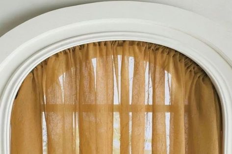 Rounded Window Curtains, Arched Window Coverings, Curtains For Arched Windows, Curved Curtain Rods, Arched Window Treatments, Curtains Pictures, Window Curtains Bedroom, French Country Living Room, House Blinds