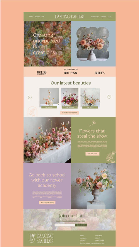 Homepage for a quirky, bold floral arrangement business who wants their website to standout like their bold, elegant flower designs and reflect their fun personality. Hand drawn flower icons, customised modern serif fonts, standout colour palette. Style is bold, unexpected, refined. #brandidentity #floristbranding #logodesign #floristlogo Like this? Click the link to see more of my work or have a chat about how we can work together Modern Fun Website Design, Website Resources Page Design, Whimsical Website Design Inspiration, Fall Website Design, Mediterranean Website Design, Website Ideas Projects, Website Design Elegant, Ethereal Website Design, Flowers Website Design