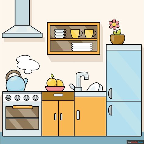 How to Draw a Kitchen New Drawing Ideas, Some Easy Drawings, Kitchen Cartoon, Easy Drawing Guides, Drawing Steps, Kitchen Drawing, House Cartoon, Drawing Guides, Easy Drawing Tutorial