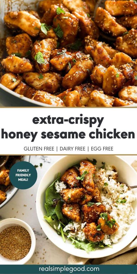 This extra crispy honey sesame chicken coated with a sweet, sticky sauce is a guaranteed hit with the family. Better than your favorite takeout (ahem Panda Express) you might want to double the recipe so you have some left over for lunch! A healthy gluten free and sugar free chicken dinner recipe that's also Paleo. | Real Simple Good via @realsimplegood Chicken Recipes Dairy Free, Allergy Diet, Gluten Free Chinese, Sticky Sauce, Chicken Dinner Recipe, Gluten Free Chicken Recipes, Asian Chicken Recipes, Honey Sesame Chicken, Honey Sesame