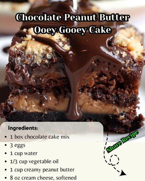 Ooey Gooey Cake, Ooey Gooey Butter Cake, Boxed Cake Mixes Recipes, Gooey Cake, Chocolate Peanut Butter Cake, Gooey Butter Cake, Box Chocolate, Peanut Butter Desserts, Peanut Butter Lovers