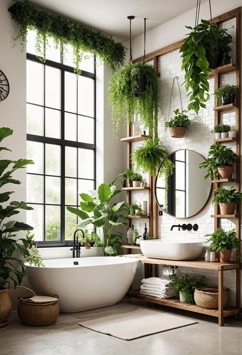 Tropical Small Bathroom, Cozy Master Bath Ideas, Plants Bathtub, Plants In Bathroom Ideas, Bathroom Ideas With Plants, Plant In Bathroom, Bathroom With Plants, Plants In Bathroom, Bohemian Bathroom Ideas