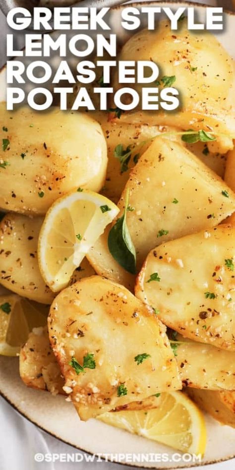 Greek Lemon Potatoes are bursting with flavor! Serve with chicken souvlaki and a Greek salad for an authentic meal! #spendwithpennies #greeklemonpotatoes #recipe #sidedish #roasted Greek Lemon Roasted Chicken And Potatoes, Best Greek Potatoes Recipe, Greek Style Lemon Roasted Potatoes, Greek Baked Potatoes, Greek Red Potatoes, Sides For Greek Chicken, Greek Potatoes Recipe Authentic, Lemon Potatoes Roasted, Greek Lemon Potatoes Authentic