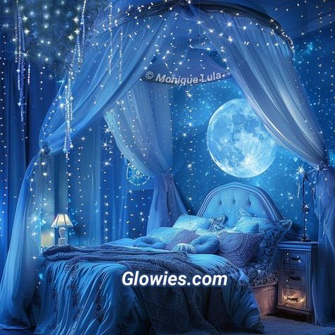 Nest Room, Night Sky Room Aesthetic, Galaxy Bedroom Ideas, Night Sky Bedroom Aesthetic, Galaxy Room Ideas, Celestial Canopy Bed, Canopy Bed Galaxy, Moon And Star Curtain Lights, Galaxy Bedroom