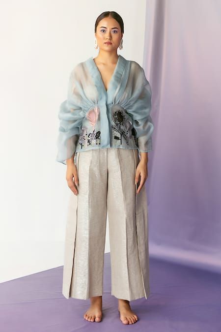 Buy Blue Organza Embroidery Garden Motifs V Neck Sheer Overlay For Women by FEBo6 Online at Aza Fashions. Organza Coordsets, Organza Shirts For Women, Organza Shirt Outfit, Organza Tops Designs, Organza Blouse Designs, Organza Coat, Organza Outfit, Organza Outer, Organza Tops