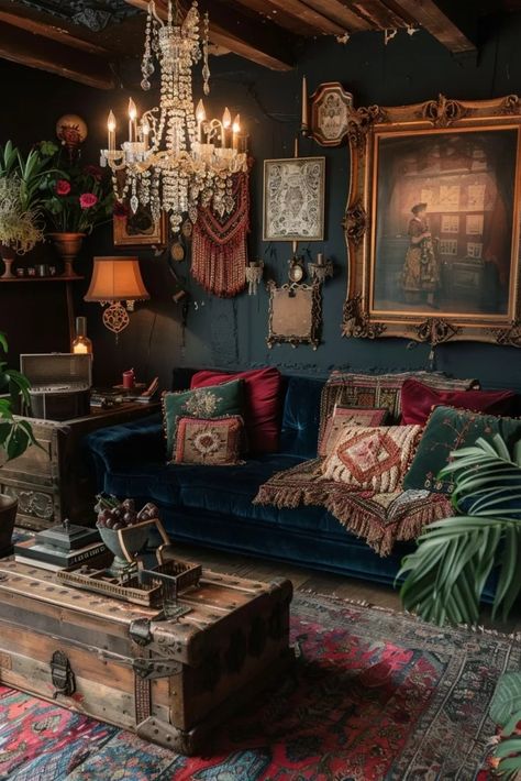 29 Exciting Dark Boho Living Room Ideas You Must See 20 Dark Boho Living Room, Gothic Living Room, Boho Living Room Ideas, Dark Boho, Moody Decor, Deco Studio, Dark Home Decor, Casa Vintage, Dark Home