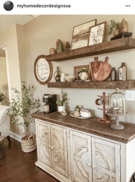 Savor the homely embrace of a vintage coffee nook as you sip your brew. Buffet With Shelves Above, Kitchen Floating Shelves, Dining Room Shelves, Farmhouse Buffet, Coffee Bar Ideas, Sideboard Decor, Kitchen Shelf Decor, Farmhouse Coffee Bar, Buffet Decor