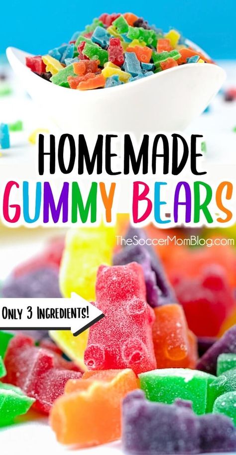 Homemade Gummy Bears - 3 Ingredient JELLO Gummy Bear Recipe Jello Gummy Bears, How To Make Gummies, Gummy Bear Recipe, Making Gummy Bears, Homemade Gummy Bears, Gummy Snacks, Homemade Gummies, Gummies Recipe, Bear Recipes