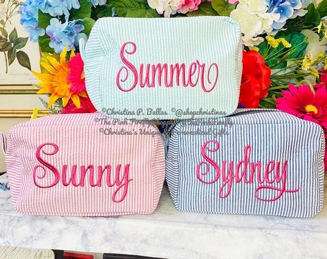 Seersucker Cosmetic Bags Personalized Monogram Cosmetic Bags Personalized Cosmetic Bag Free Shipping - Etsy Monogrammed Makeup Bags, Monogram Cosmetic Bag, Bridesmaid Makeup Bag, Custom Makeup Bags, Personalized Cosmetic Bags, Girls Personalized Gifts, Bridesmaid Proposal Gifts, Wedding Gifts For Bridesmaids, Makeup Bags