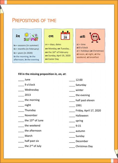 Prepositions of time online activity for beginners. You can do the exercises online or download the worksheet as pdf. Use Of Preposition Worksheet, In Or On Grammar, At On In Prepositions Of Time, In On At Prepositions Worksheet, At On In Worksheet, In On At Prepositions Of Time, In At On Prepositions, Preposition Of Time Worksheets, At Preposition