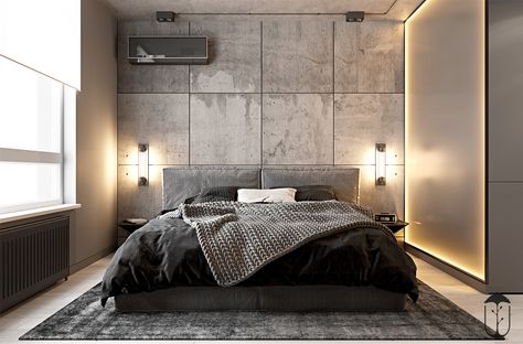 UI033 на Behance Modern Industrial Apartment, Modern Industrial Bedroom, Industrial Modern Bedroom, Industrial Bedroom Design, Modern Decorating, Contemporary Bedroom Design, Industrial Apartment, Concrete Interiors, Interior Design Books