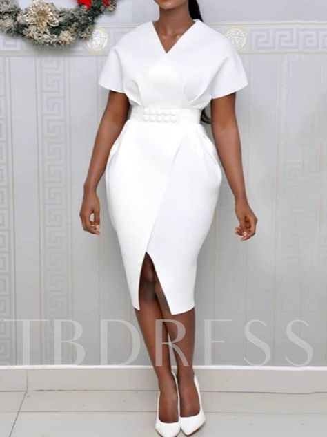 Mid-Calf V-Neck Short Sleeve Split Bodycon Women's Bodycon Dress White Fits, Knee Length Cocktail Dress, 2020 Style, Corporate Dress, White Wrap Dress, White Clothing, Office Dresses For Women, Women Bodycon Dress, Lady Dress