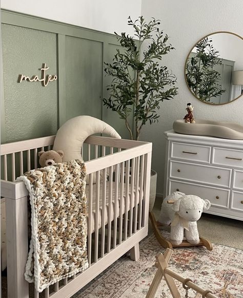 Green Grey And Beige Nursery, Boho Boy Nursery Ideas, Baby Boy Sage Green Nursery, Accent Wall Baby Room, Sage Baby Room, Boy Nursery Ideas Green, Sage Nursery Boy, Sage Green Boy Nursery, Sage Green Panelling