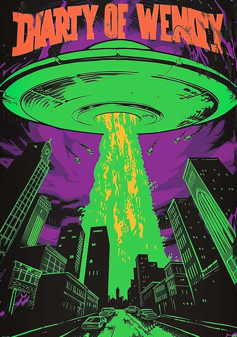 #NeonGreenFlyingSaucer #Ufo #CleanVectorArt #1950sHorrorMoviePoster #NeonColors #GrungePopArt #WarOfTheWorlds Green Comic Aesthetic, Green Ghost Aesthetic, Retro Alien Aesthetic, Neon Design Poster, Red Graphic Poster, Green Horror Aesthetic, Pop Poster Design, Horror Poster Design, Pop Art Poster Design