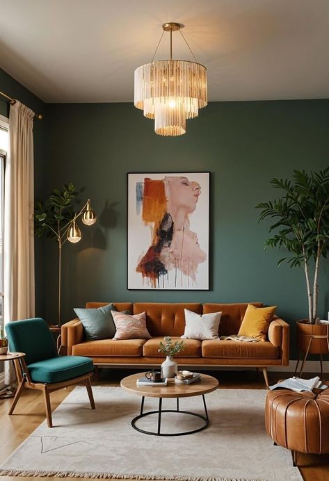 Bohemian Interiors Living Room, Two Colors Living Room Walls, Mid Modern Living Room Decor, Mid Century Living Room Wall Color, Best Living Room Colors Cozy, Living Room Colored Walls, Vibrant Living Room Decor, Mid Century Bohemian Living Room, Inspired Modern Living Room