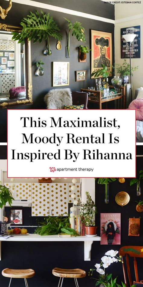 This moody, glam, maximalist apartment was inspired by Rihanna. | House Tours by Apartment Therapy #blackwalls #gallerywall #kitchencabinets #kitchenideas #polkadotdecor #decorideas #rentershacks #retnfriendlydecor #temporarydecor #maximalist Moody Eclectic Apartment, Neutral Maximalist Living Room, Decor Around Piano, Moody Maximalist Decor Office, Organic Modern Maximalist, Maximal Minimalism Decor, Moody Maximalist Apartment, Black And White Maximalist Living Room, Edgy Home Decor Ideas Modern