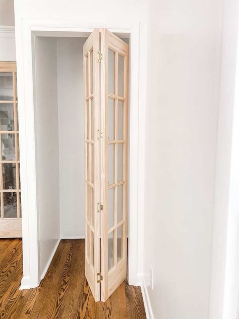 Double Folding Doors Interior, French Doors To Closet, Converting Hallway Closet, French Doors Laundry Room, Bifold Door To French Door Diy, Tri Fold Doors, Folding Door Makeover, Salon Doors, Bifold Door Ideas